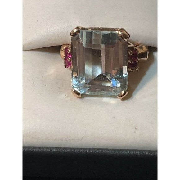 Estate Jewelry - 13.5 Carat Natural Aquamarine 14K ROSE Gold Ring SIZE 7 VINTAGE ESTATE